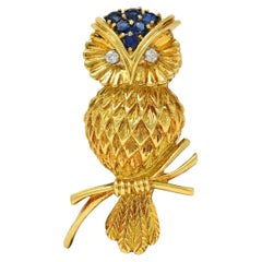 Tiffany & Co. 1950's Sapphire Diamond 18K Gold Vintage Owl Brooch
