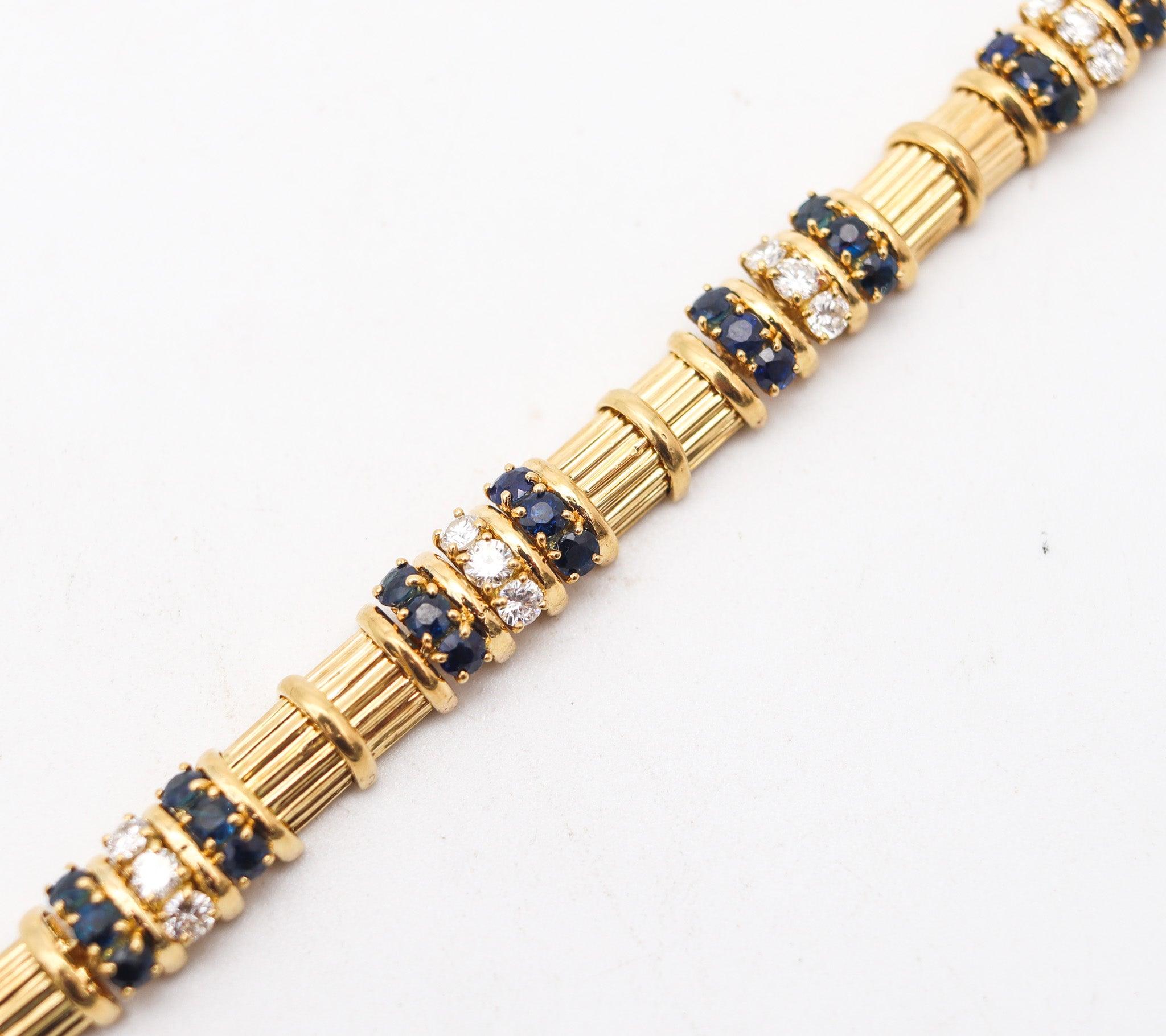 Modernist TIFFANY & CO. 1960 Bracelet 18Kt Yellow Gold And 5.76 Ctw Diamonds & Sapphires