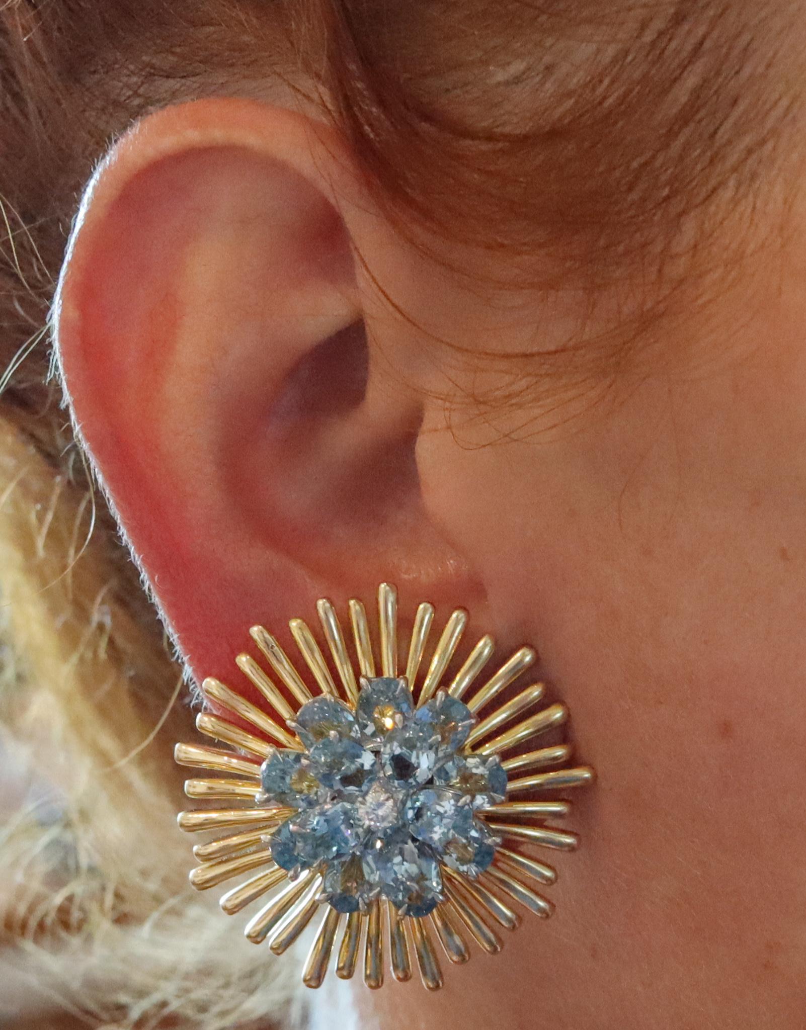 Retro Tiffany Co. 1960 Donald Claflin Earrings 14Kt Gold 21.72 Cts Aquamarine Diamonds