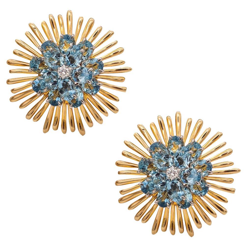 Tiffany Co. 1960 Donald Claflin Earrings 14Kt Gold 21.72 Cts Aquamarine Diamonds
