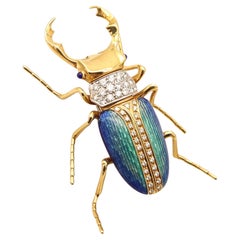 TIFFANY & CO. 1960 Enameled Scarab Brooch In 18Kt Yellow Gold With Diamonds