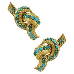 Retro Tiffany & Co. 1960 France Knots Clips Earrings in 18Kt Gold with Blue Turquoises