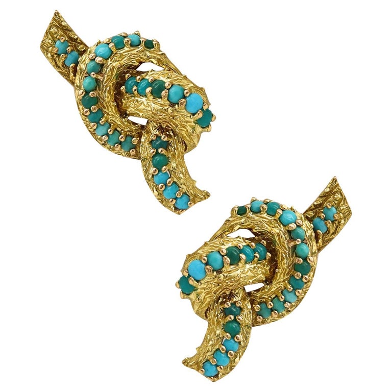 Tiffany and Co. 1960 France Knots Clips Earrings in 18Kt Gold with Blue ...