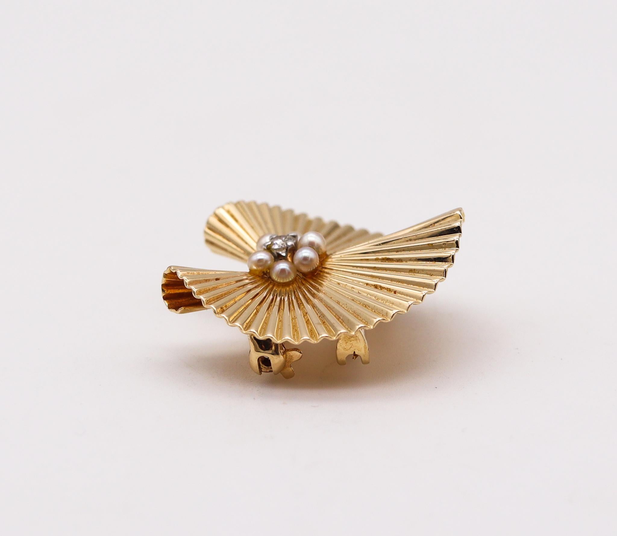 Modernist Tiffany & Co. 1960 George Schuler Brooch in 14Kt Gold with Pearls and Diamond