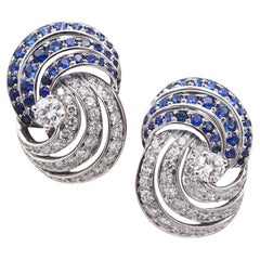 TIFFANY & CO. 1960 Platinum Clips-On Earrings With 6.02 Ctw Diamonds & Sapphires