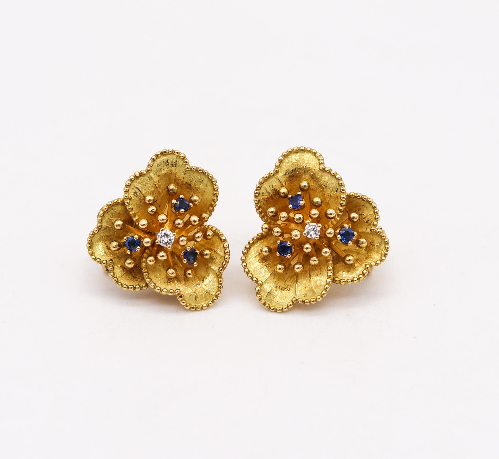 Brilliant Cut Tiffany & Co. 1960 Retro Flowers Earrings in 18kt Gold with Sapphires & Diamonds For Sale