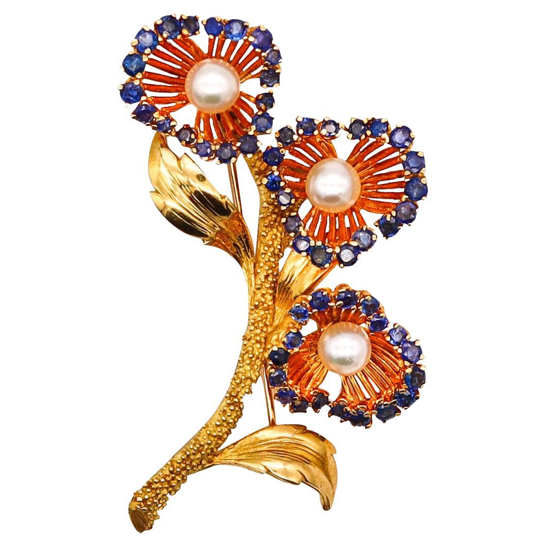 Tiffany Co. 1960 Retro Pin Brooch in 18kt Gold with 3.35 Ct Sapphires and Pearls For Sale