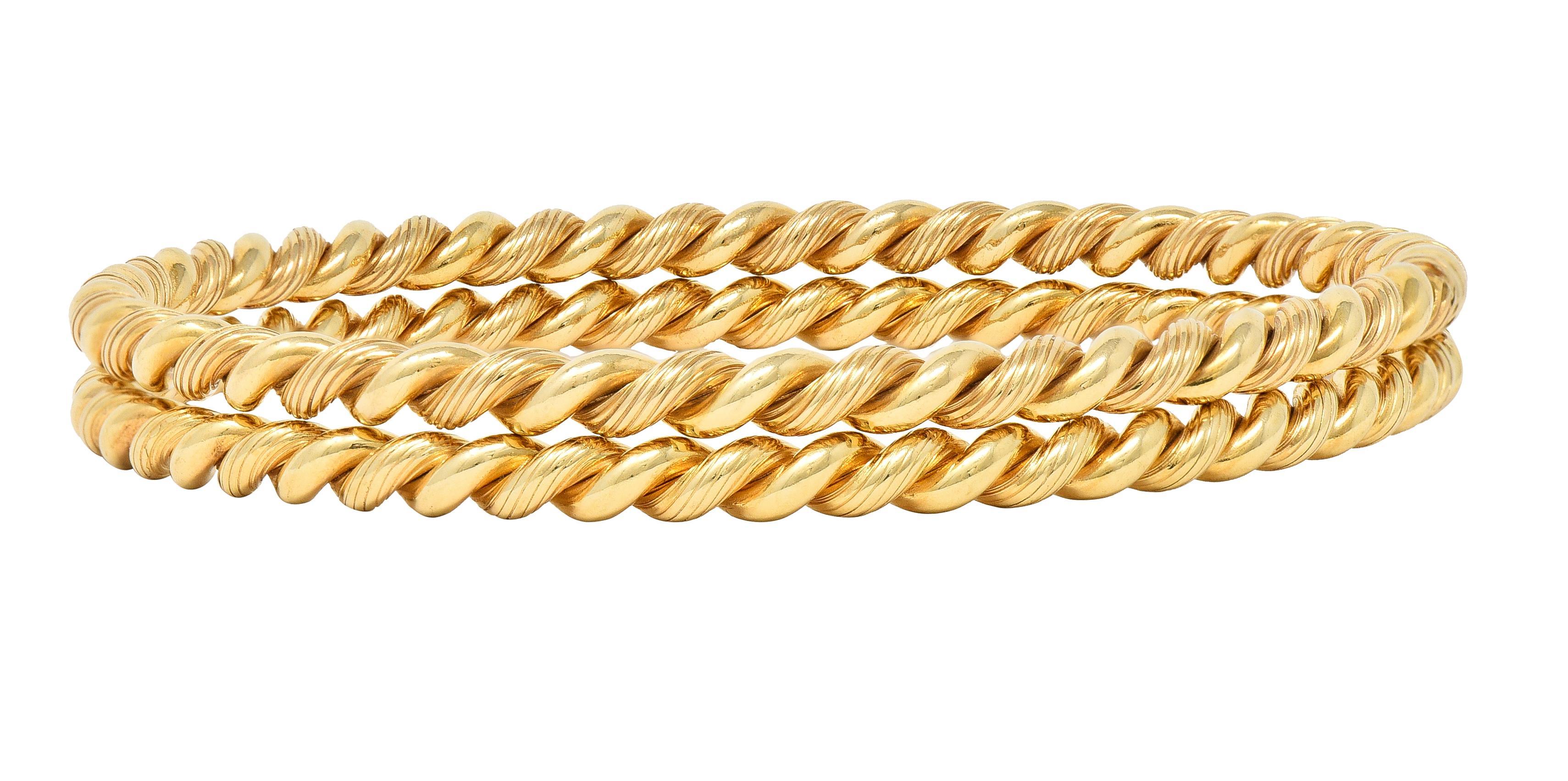 Tiffany & Co. 1960's 14 Karat Gold Twisted Rope Vintage Bangle Bracelet Set In Excellent Condition In Philadelphia, PA