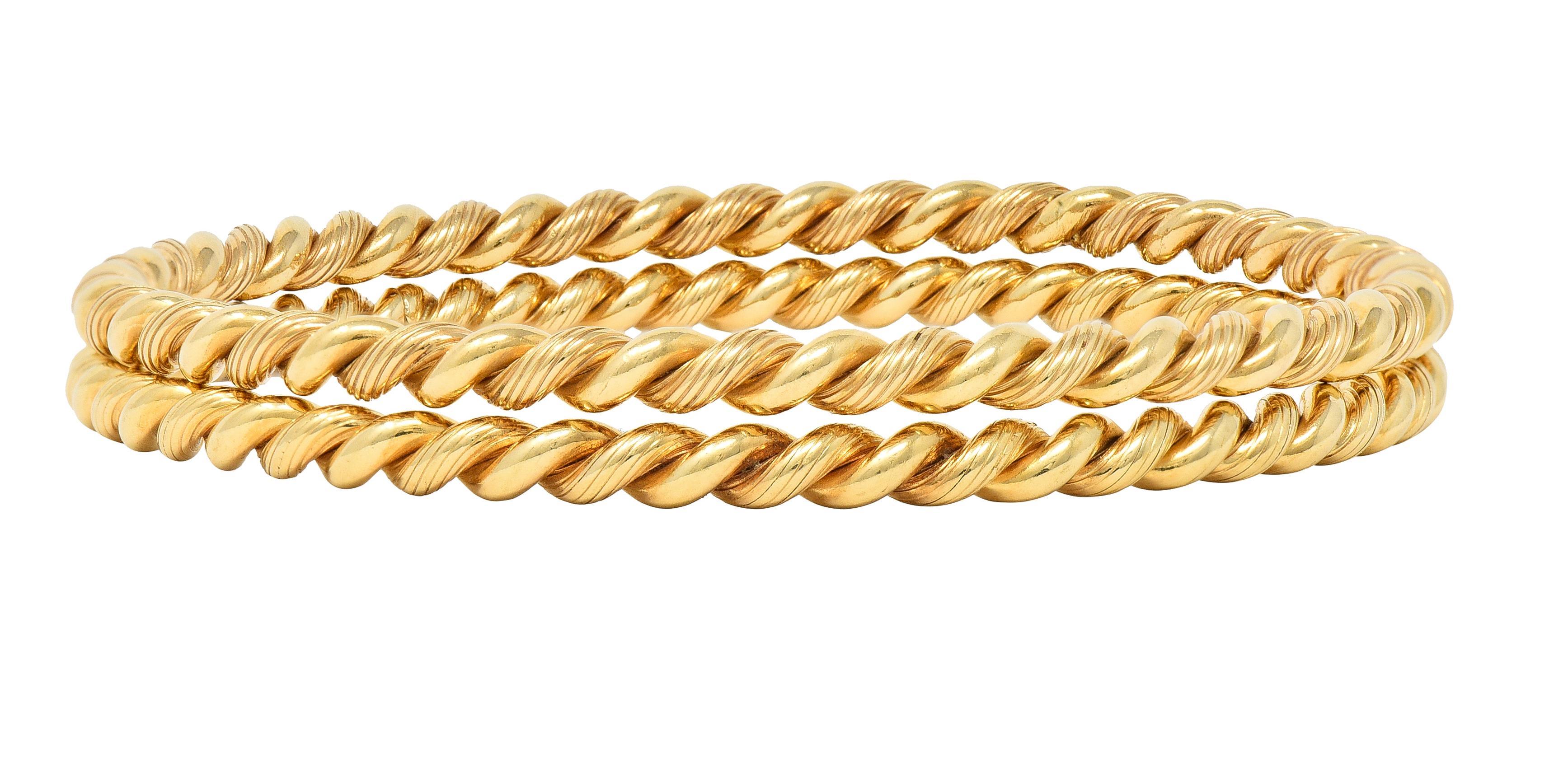 Tiffany & Co. 1960's 14 Karat Gold Twisted Rope Vintage Bangle Bracelet Set 1