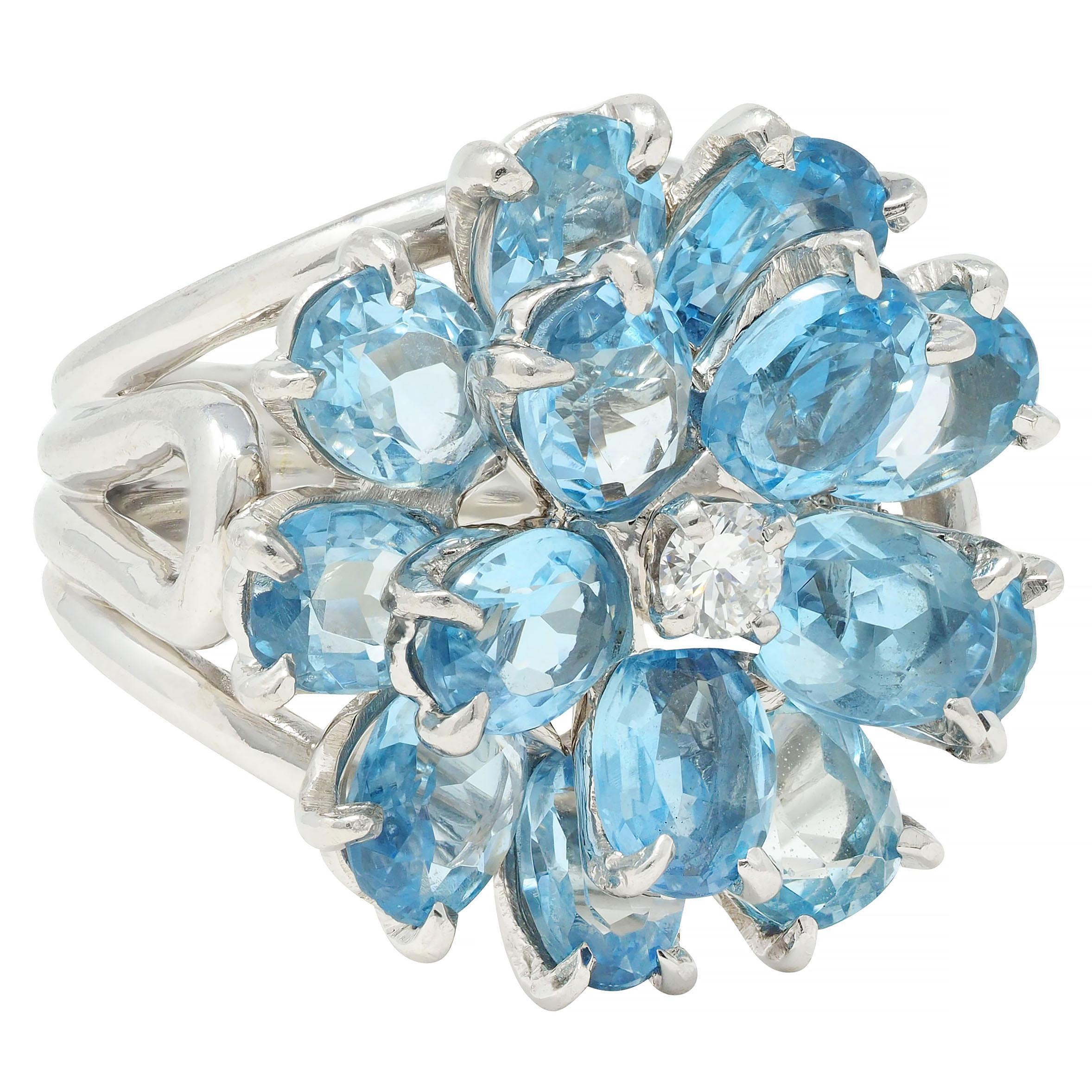 Oval Cut Tiffany & Co. 1960s 5.71 CTW Aquamarine Diamond Platinum Flower Vintage Ring
