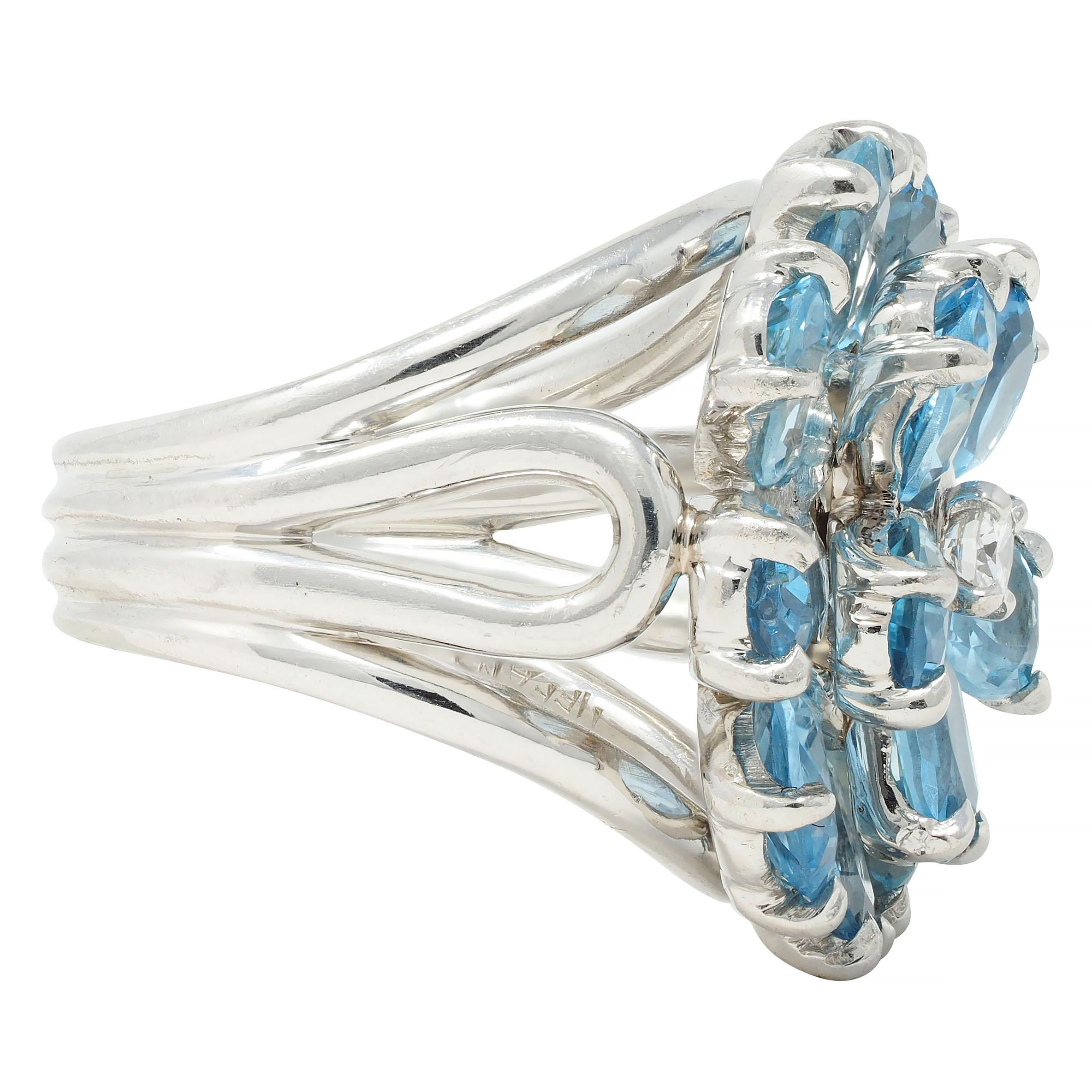 Tiffany & Co. 1960s 5.71 CTW Aquamarine Diamond Platinum Flower Vintage Ring In Excellent Condition In Philadelphia, PA