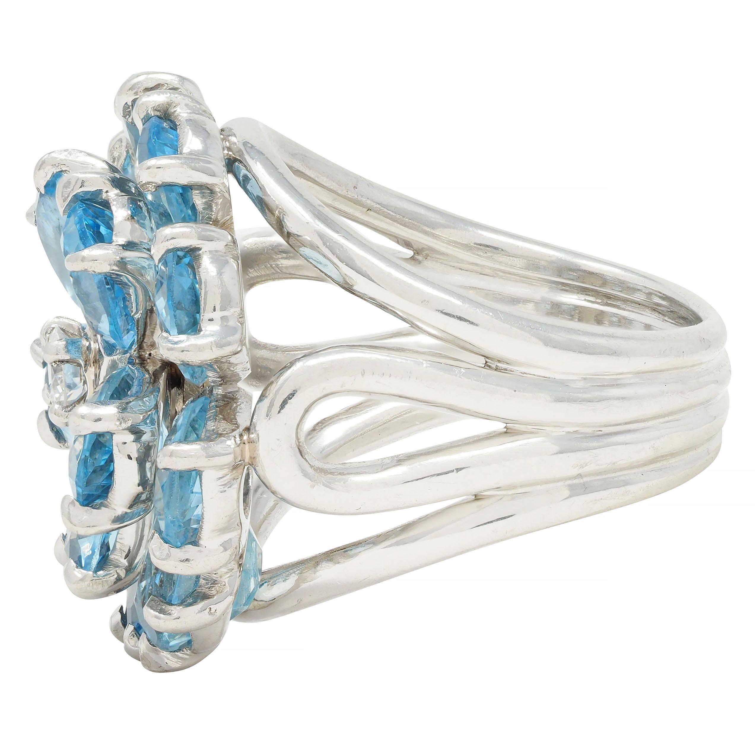 Women's or Men's Tiffany & Co. 1960s 5.71 CTW Aquamarine Diamond Platinum Flower Vintage Ring