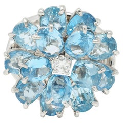 Tiffany & Co. 1960s 5.71 CTW Aquamarine Diamond Platinum Flower Retro Ring