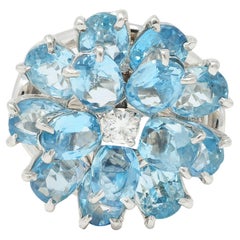 Tiffany & Co. 1960s 5.71 CTW Aquamarine Diamond Platinum Flower Vintage Ring