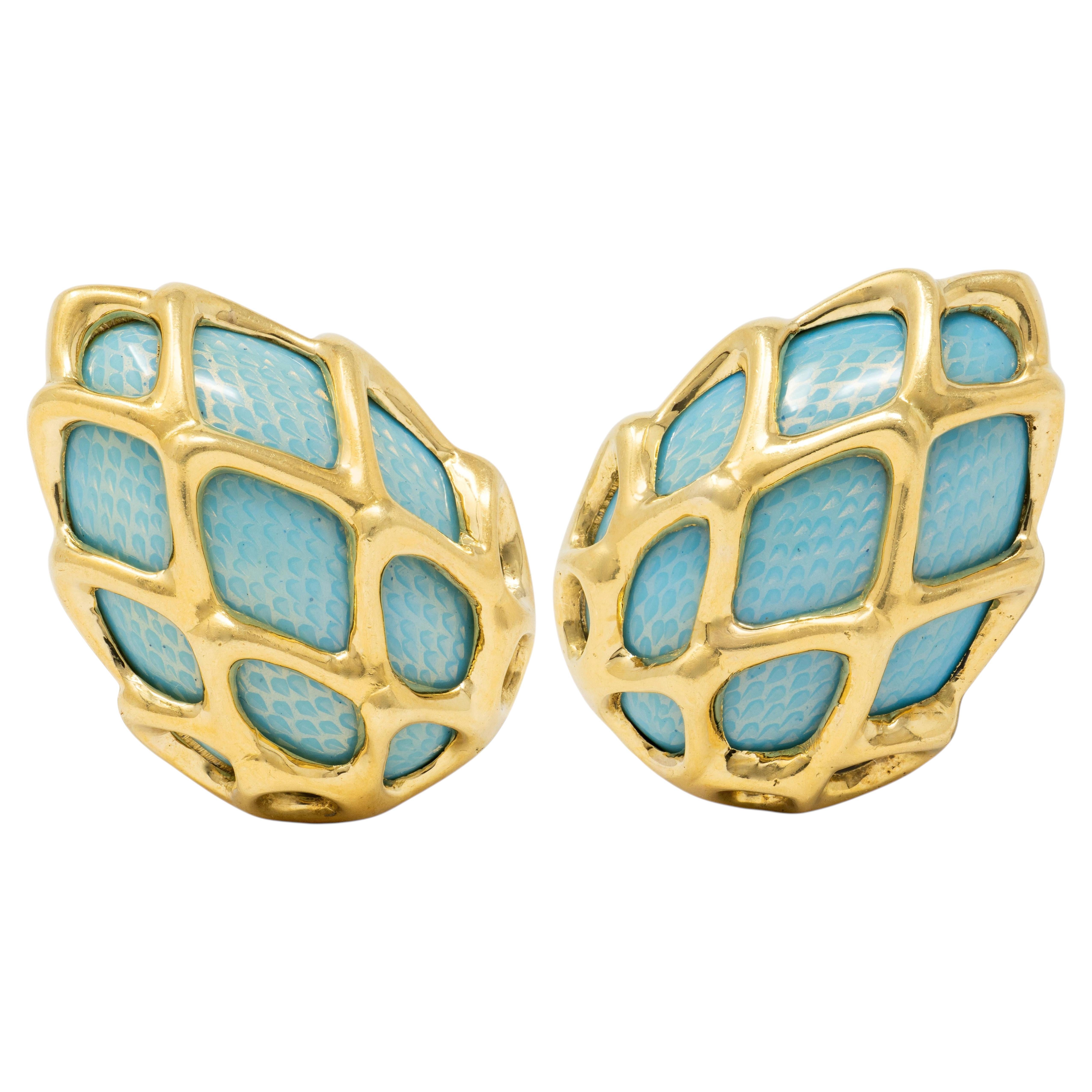Tiffany & Co. 1960's Basse-Taile Emaille 18K Gold Vintage Ei Ohr-Clip-Ohrringe