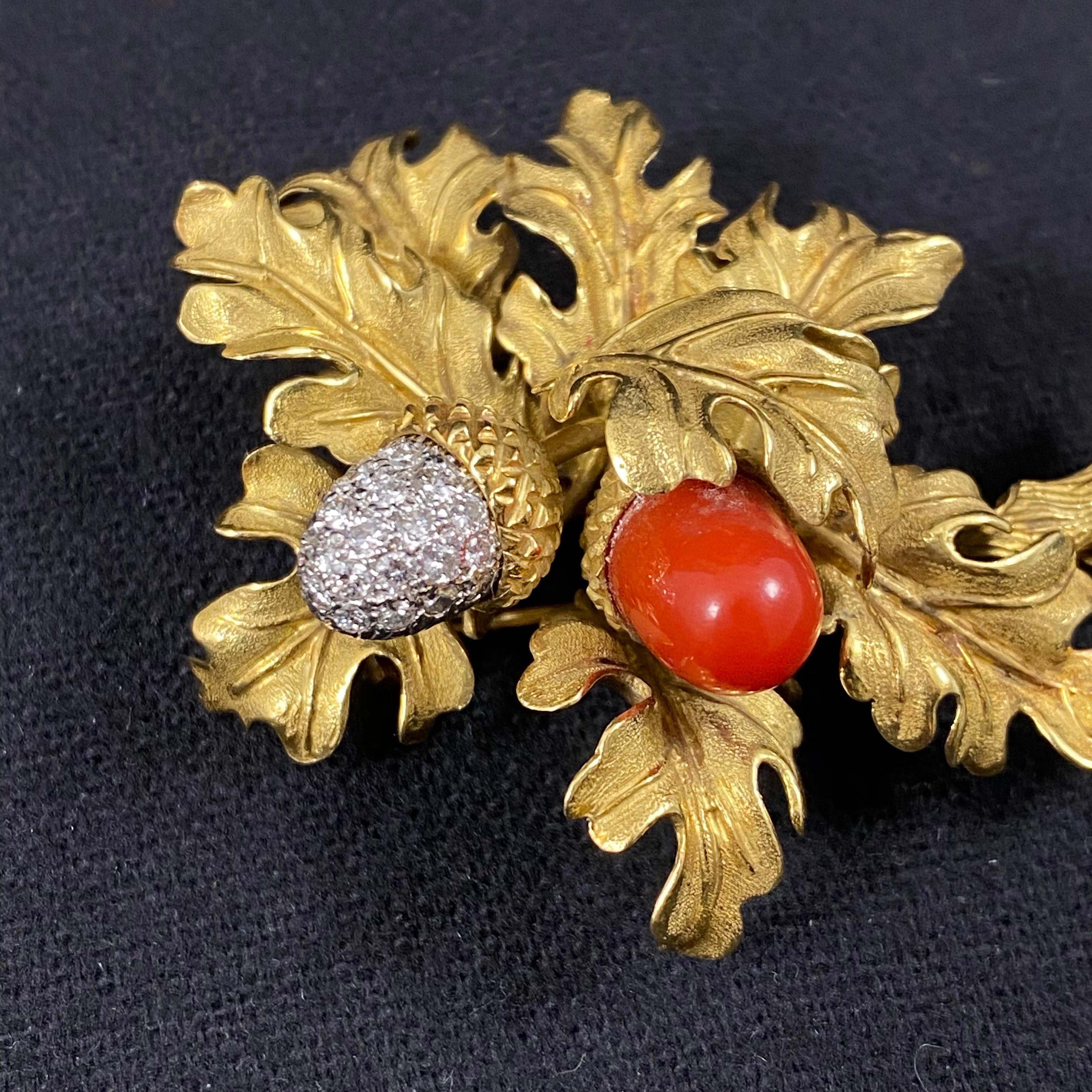 Round Cut Tiffany & Co. 1960s Coral Diamond Acorn Floral Brooch Yellow Gold Platinum
