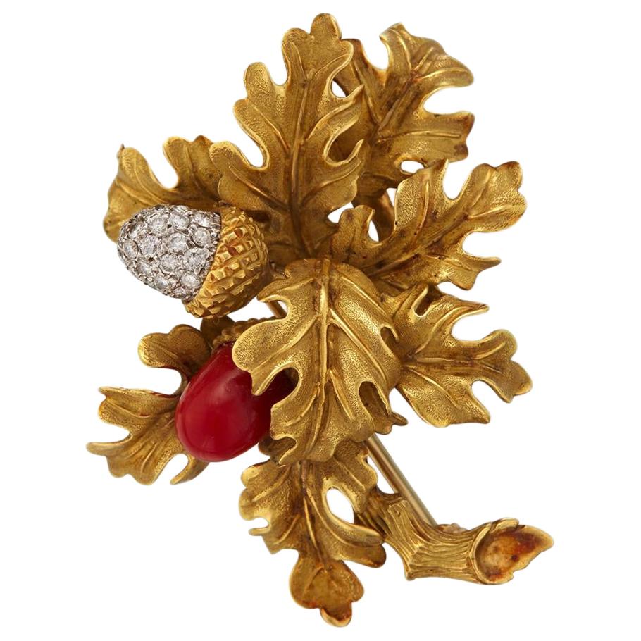 Tiffany & Co. 1960s Coral Diamond Acorn Floral Brooch Yellow Gold Platinum