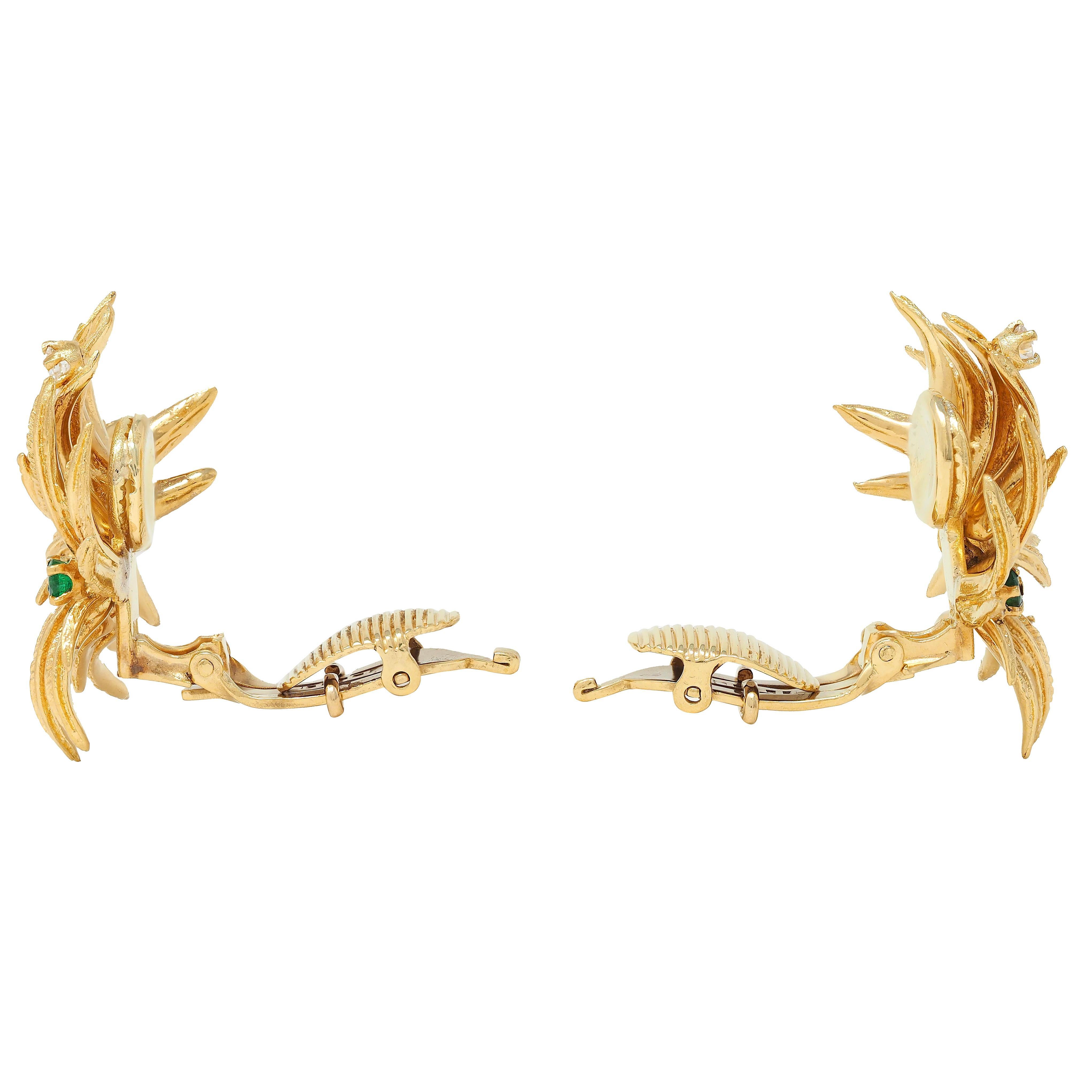 Tiffany & Co 1960s Emerald Diamond 18K Yellow Gold Vintage Foliate Earrings In Excellent Condition For Sale In Philadelphia, PA