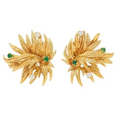 Tiffany & Co 1960s Emerald Diamond 18K Yellow Gold Vintage Foliate Earrings