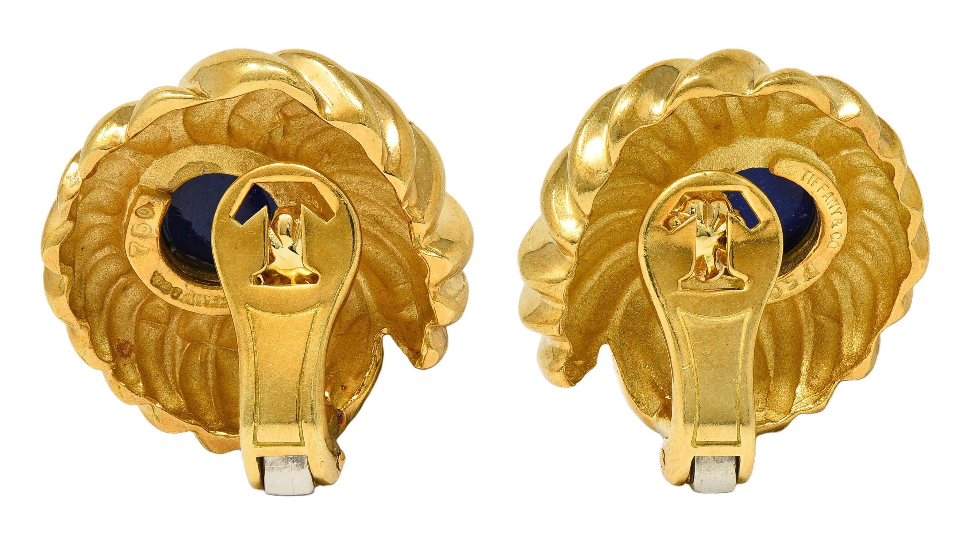 Modern Tiffany & Co. 1960's Lapis Lazuli 18K Gold Vintage Floral Ear-Clip Earrings For Sale