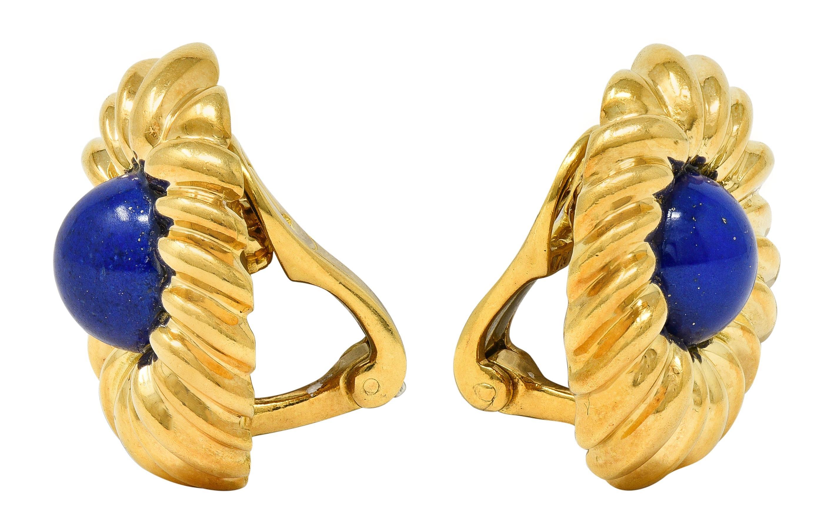 Tiffany & Co. 1960's Lapis Lazuli 18K Gold Vintage Floral Ear-Clip Earrings For Sale 2