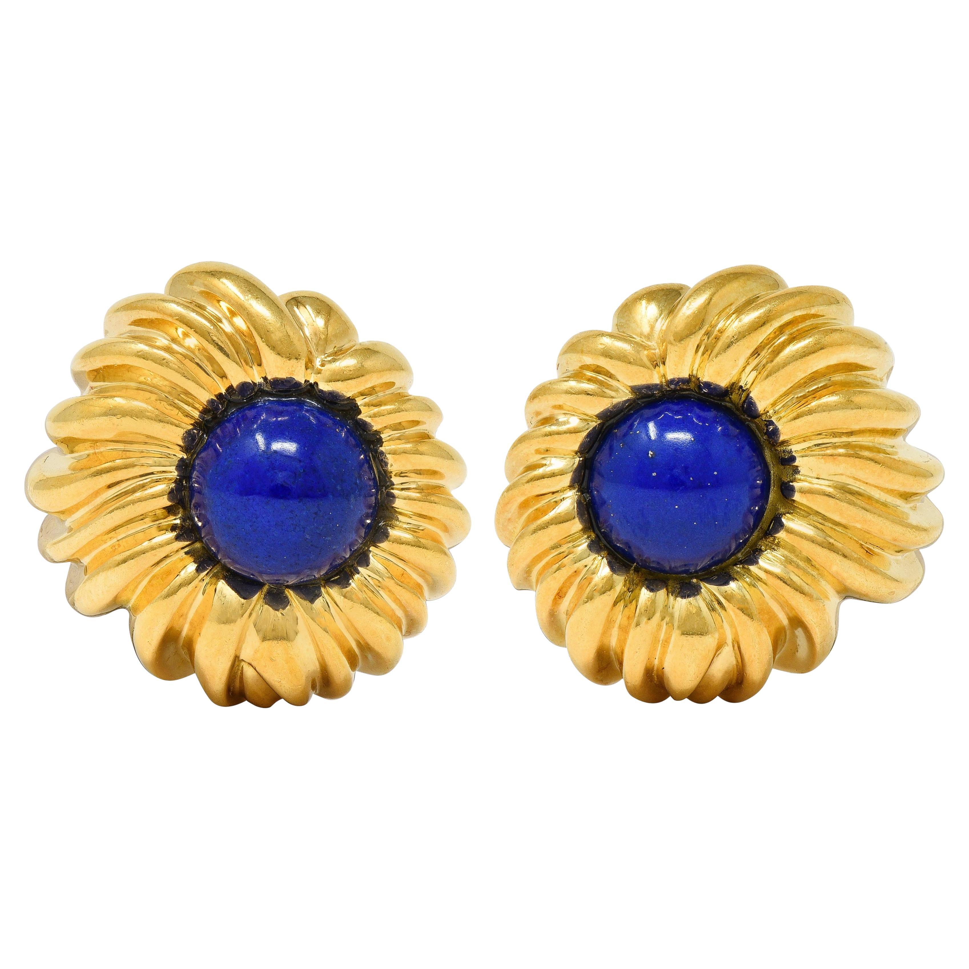 Tiffany & Co. 1960's Lapis Lazuli 18K Gold Vintage Floral Ear-Clip Earrings For Sale