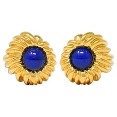 Tiffany & Co. 1960's Lapis Lazuli 18K Gold Vintage Floral Ear-Clip Earrings