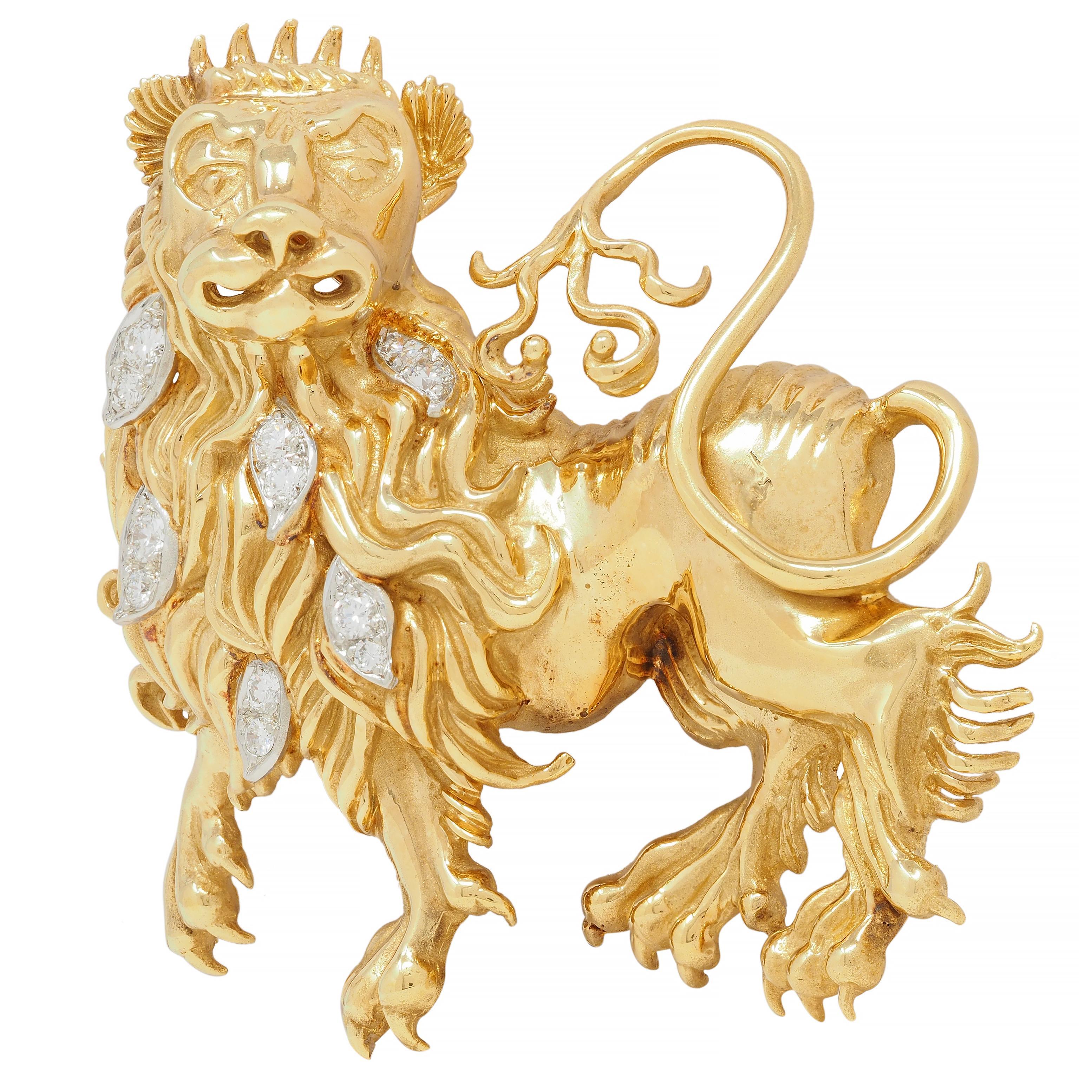 Designed as a heraldic-style lion with grooved flowing hair and a curling tail
Accented by navette-shaped platinum segments in the mane 
Bead set with transitional cut diamonds 
Weighing approximately 0.84 carats total
G/H color with VS2 to SI1