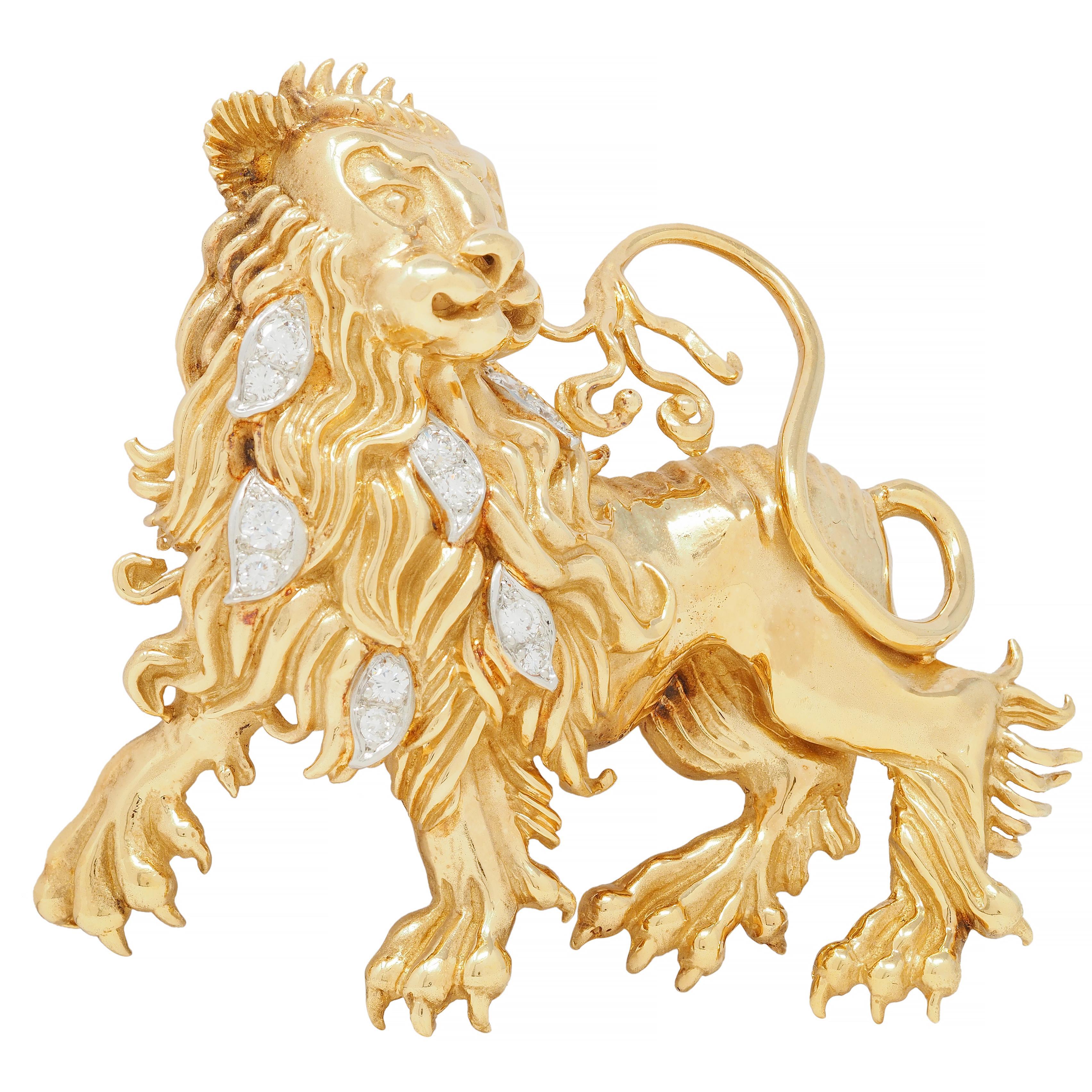Round Cut Tiffany & Co. 1960's Large Diamond 18 Karat Gold Platinum Heraldic Lion Brooch