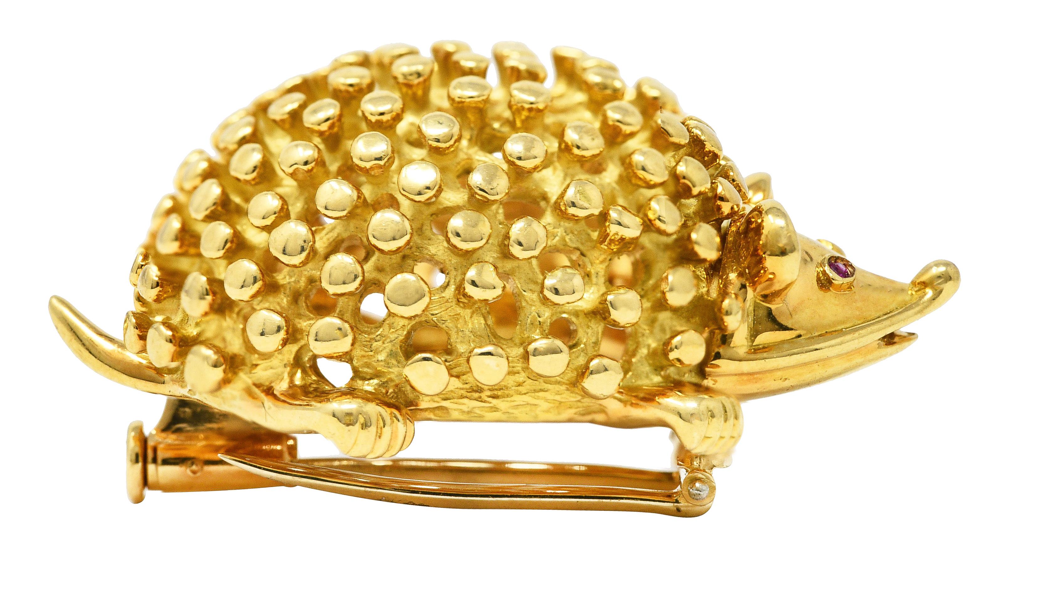 Tiffany & Co. 1960's Ruby 18 Karat Yellow Gold Hedgehog Vintage Brooch In Excellent Condition In Philadelphia, PA