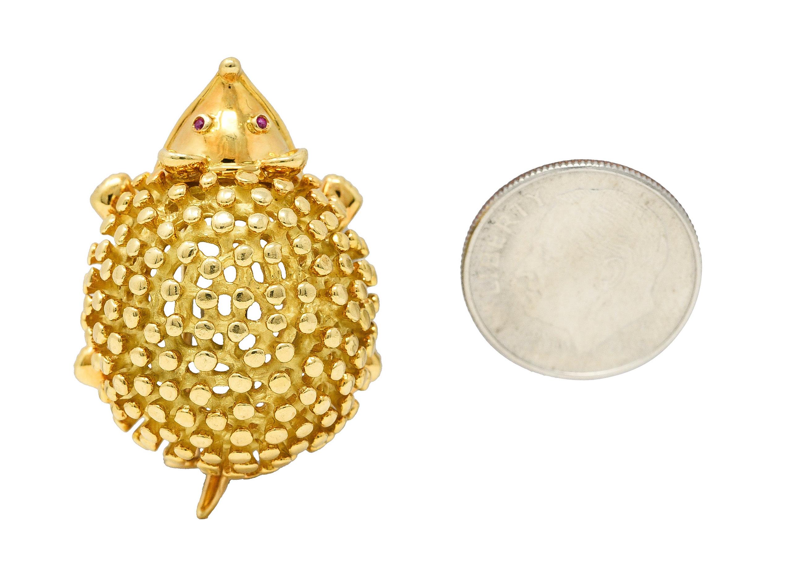 Women's or Men's Tiffany & Co. 1960's Ruby 18 Karat Yellow Gold Hedgehog Vintage Brooch