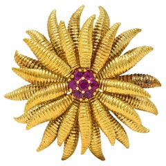 Tiffany & Co. 1960's Ruby 18 Karat Yellow Gold Vintage Flower Floral Brooch