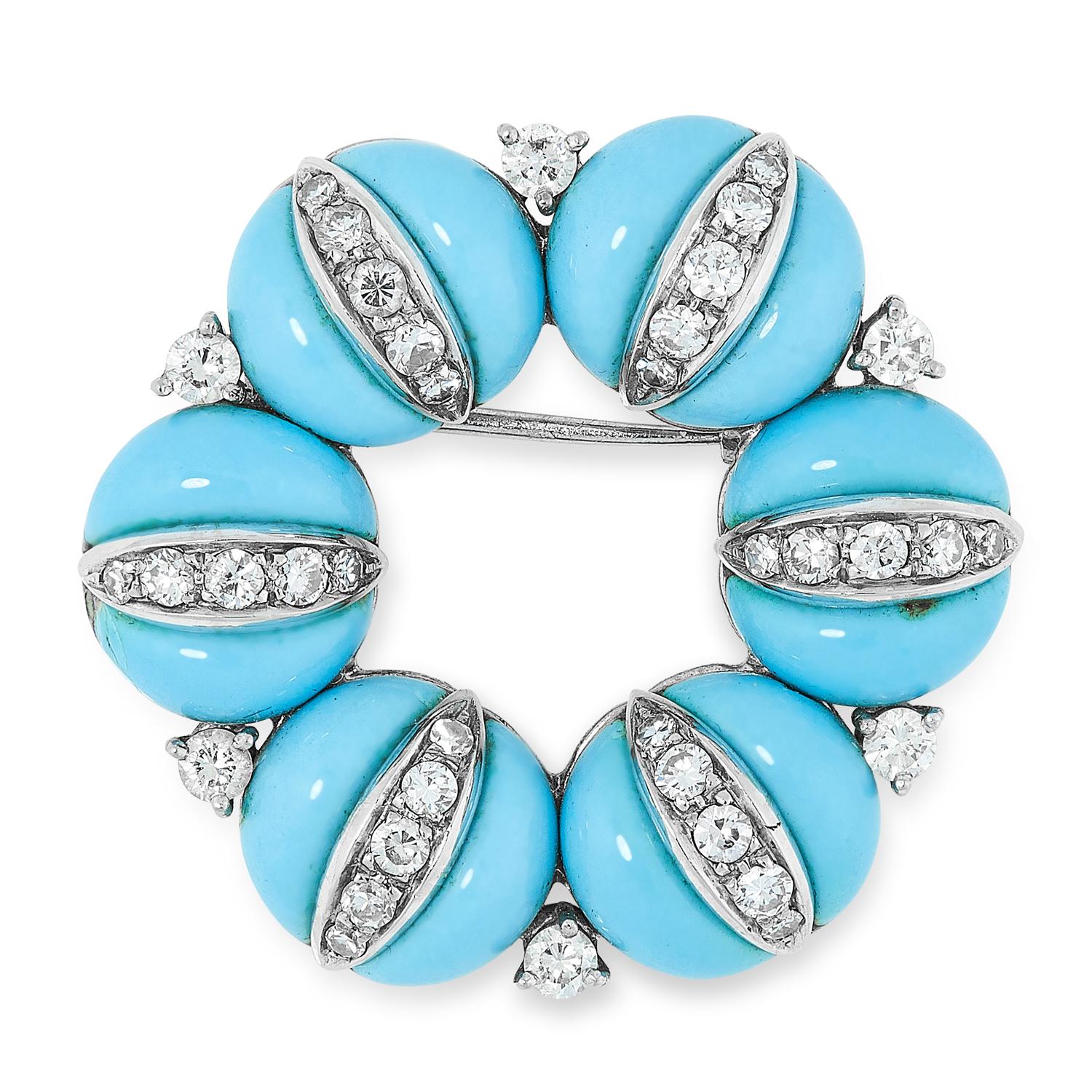 Tiffany & Co. turquoise blue enamel and diamond wreath brooch in 18 karat white and yellow gold, Italian, 1960s. Of circular openwork design, this jewel is composed of six circular domed segments embellished with blue enamel and accented with round