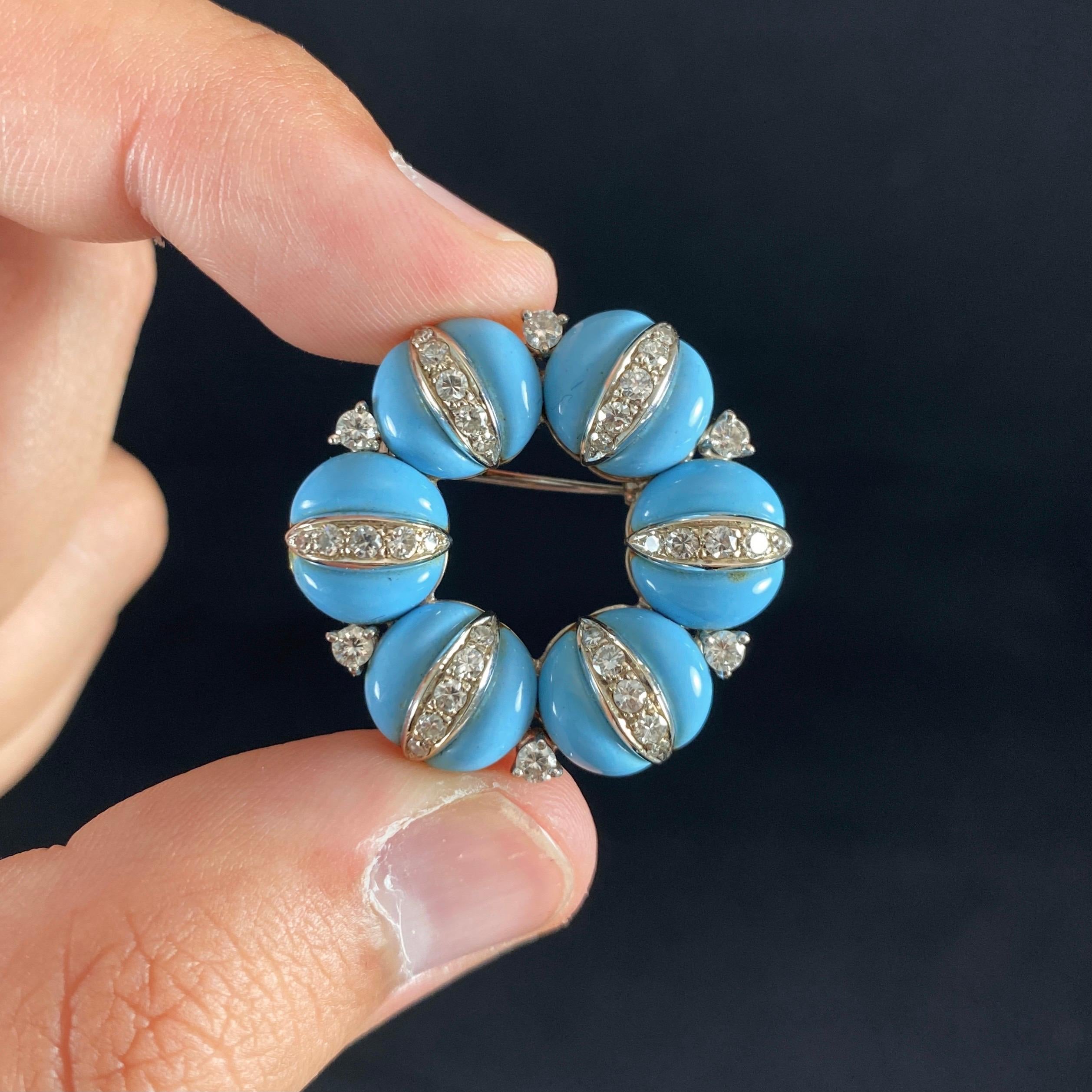 Modern Tiffany & Co 1960s Turquoise Blue Enamel Diamond Wreath Brooch White Yellow Gold For Sale