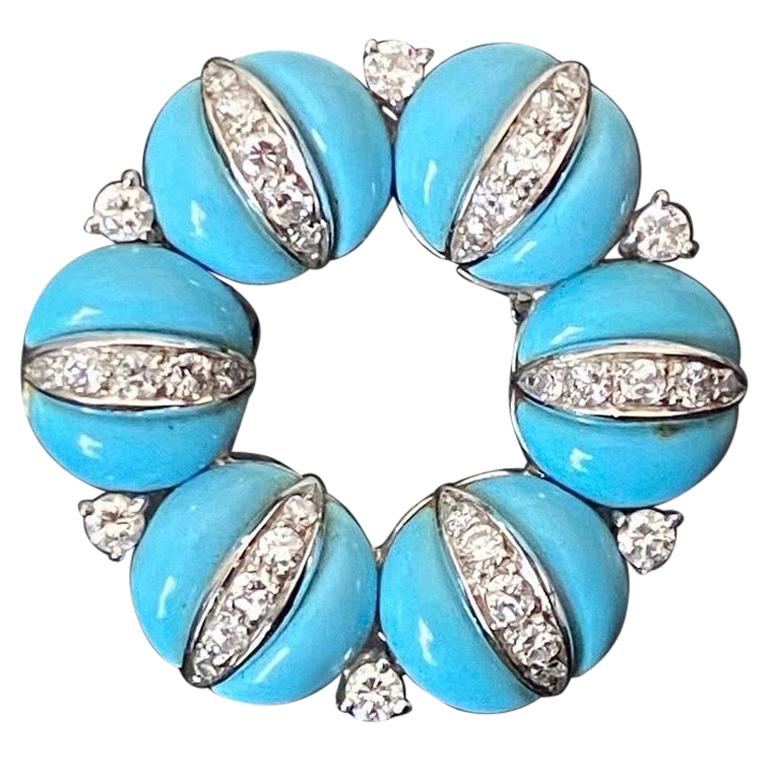Tiffany & Co 1960s Turquoise Blue Enamel Diamond Wreath Brooch White Yellow Gold For Sale