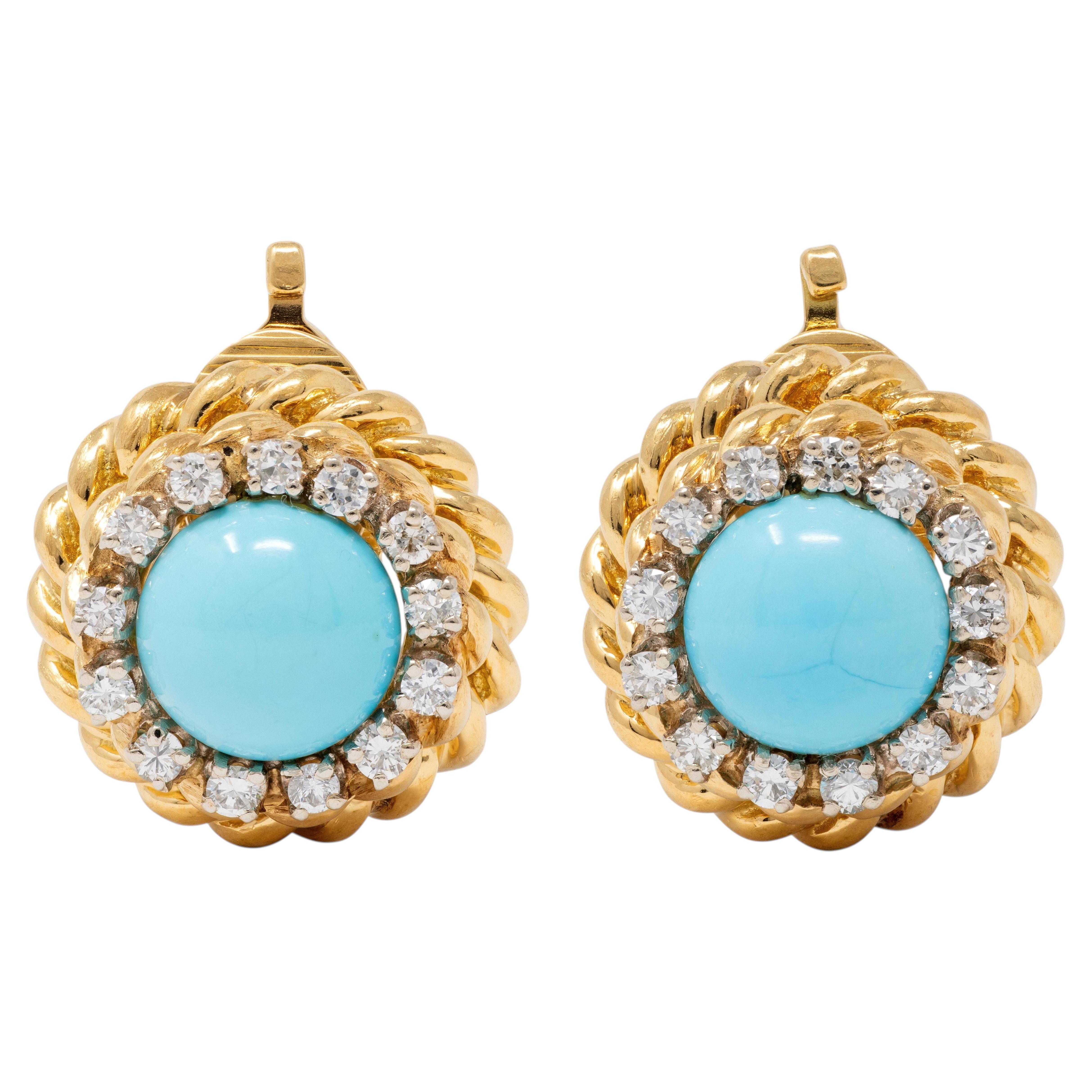 Tiffany & Co. 1960s Turquoise Diamond 18K Gold Vintage Twisted Ear-Clip Earrings