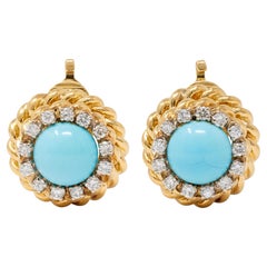 Tiffany & Co. 1960s Turquoise Diamond 18K Gold Vintage Twisted Ear-Clip Earrings