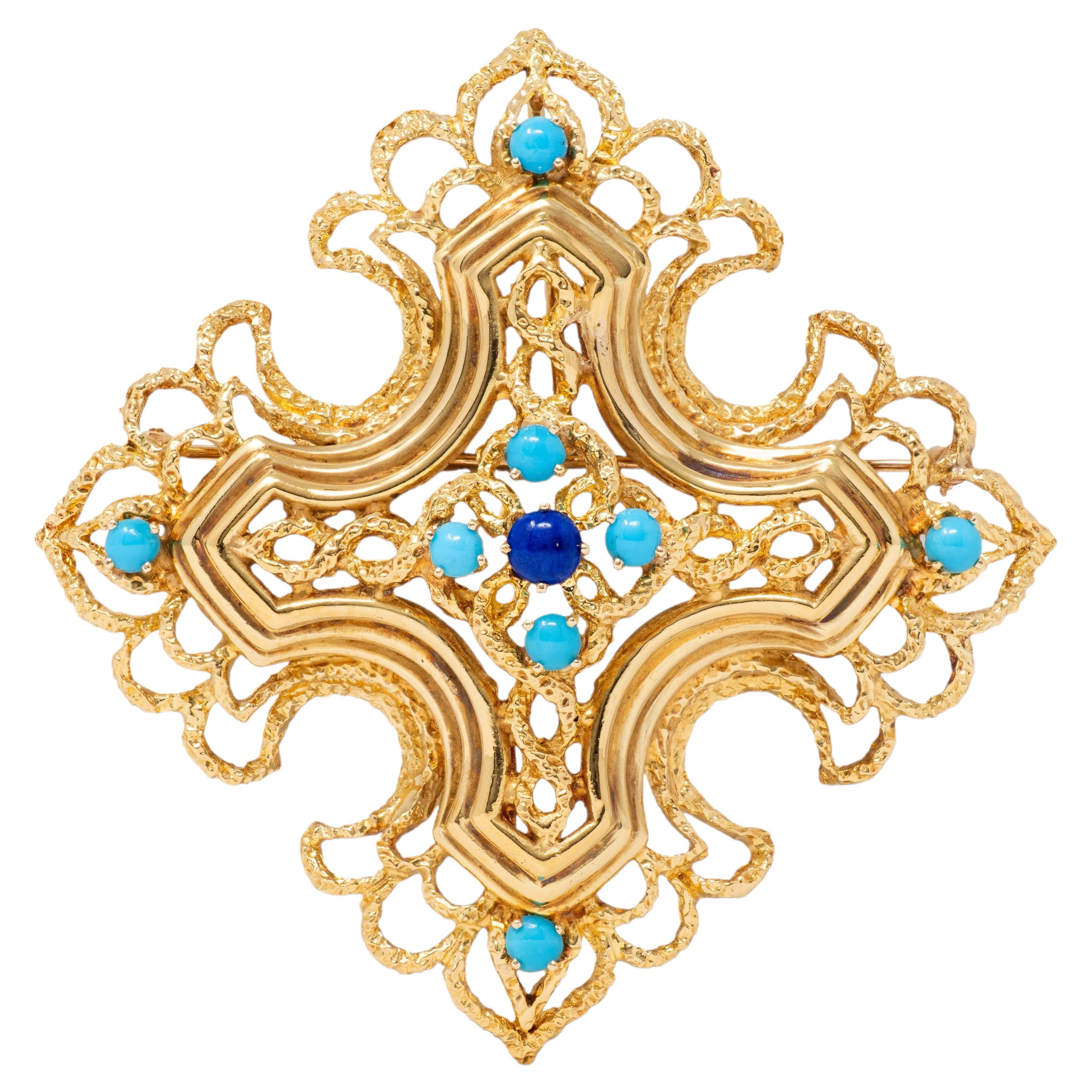 Tiffany & Co. 1960s Turquoise Lapis Lazuli 18K Gold Vintage Cross Pendant Brooch