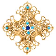 Tiffany & Co. 1960s Turquoise Lapis Lazuli 18K Gold Vintage Cross Pendant Brooch