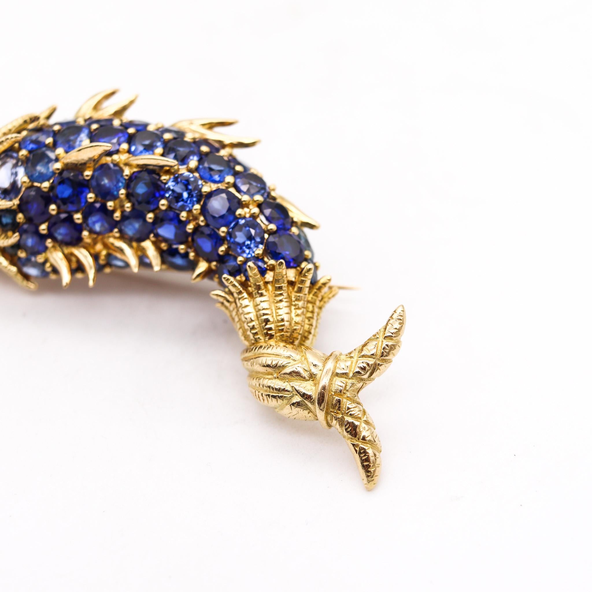 Modernist Tiffany & Co 1968 Mythological Fish Brooch in 18kt Gold with 60.05 Ctw Sapphires For Sale
