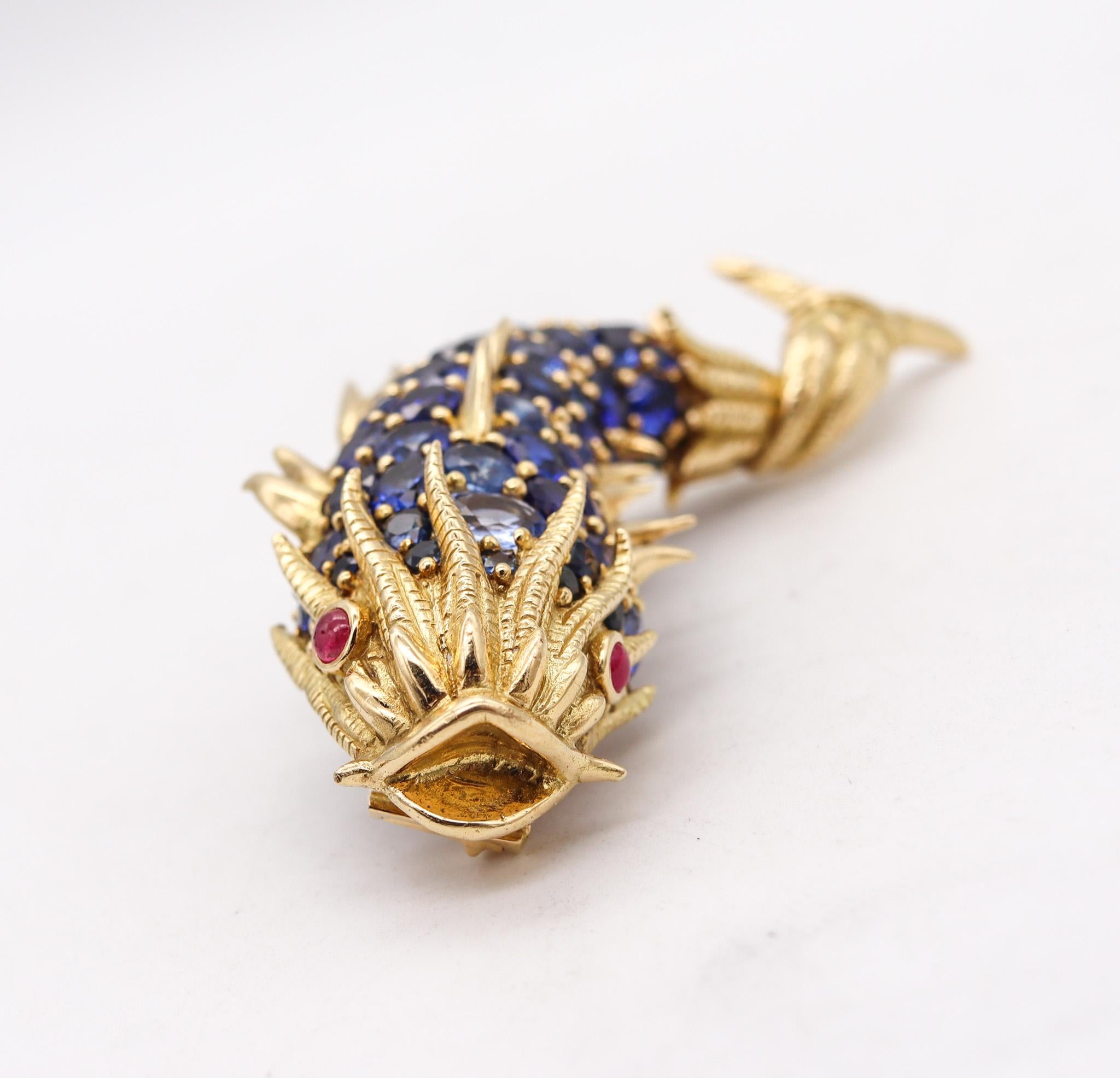 Oval Cut Tiffany & Co 1968 Mythological Fish Brooch in 18kt Gold with 60.05 Ctw Sapphires For Sale