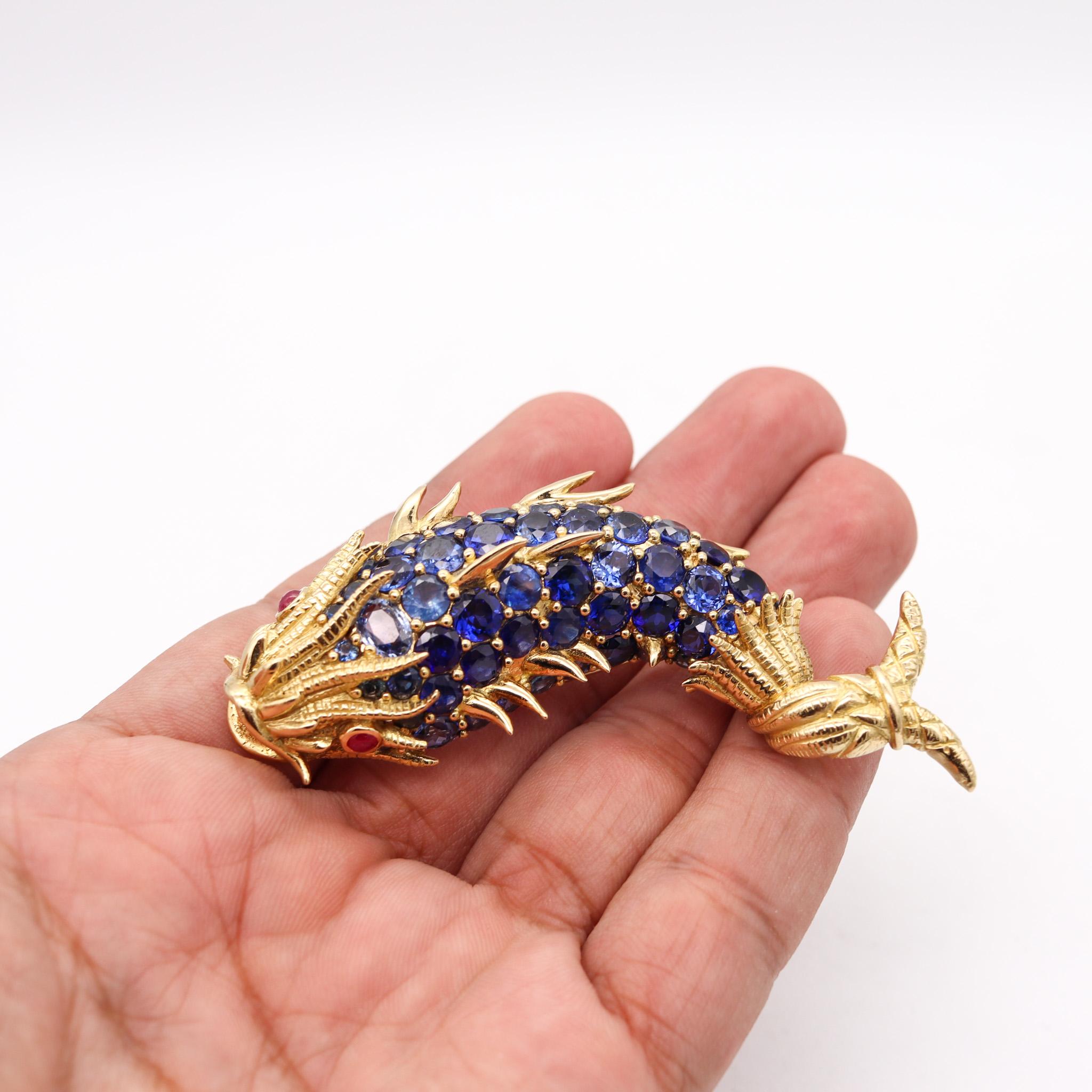 Women's or Men's Tiffany & Co 1968 Mythological Fish Brooch in 18kt Gold with 60.05 Ctw Sapphires For Sale