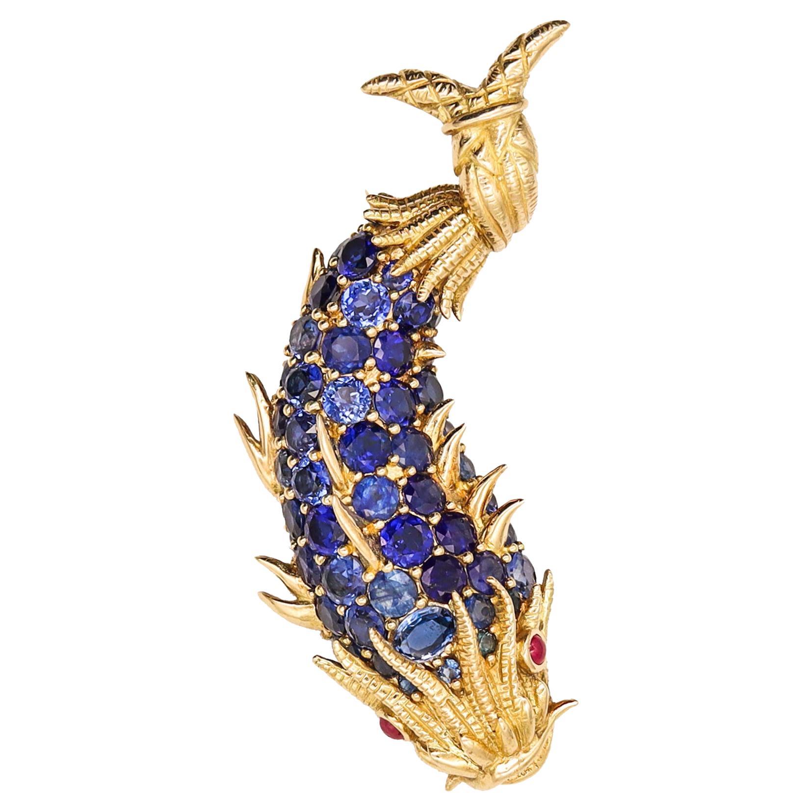 Tiffany & Co 1968 Mythological Fish Brooch in 18kt Gold with 60.05 Ctw Sapphires For Sale