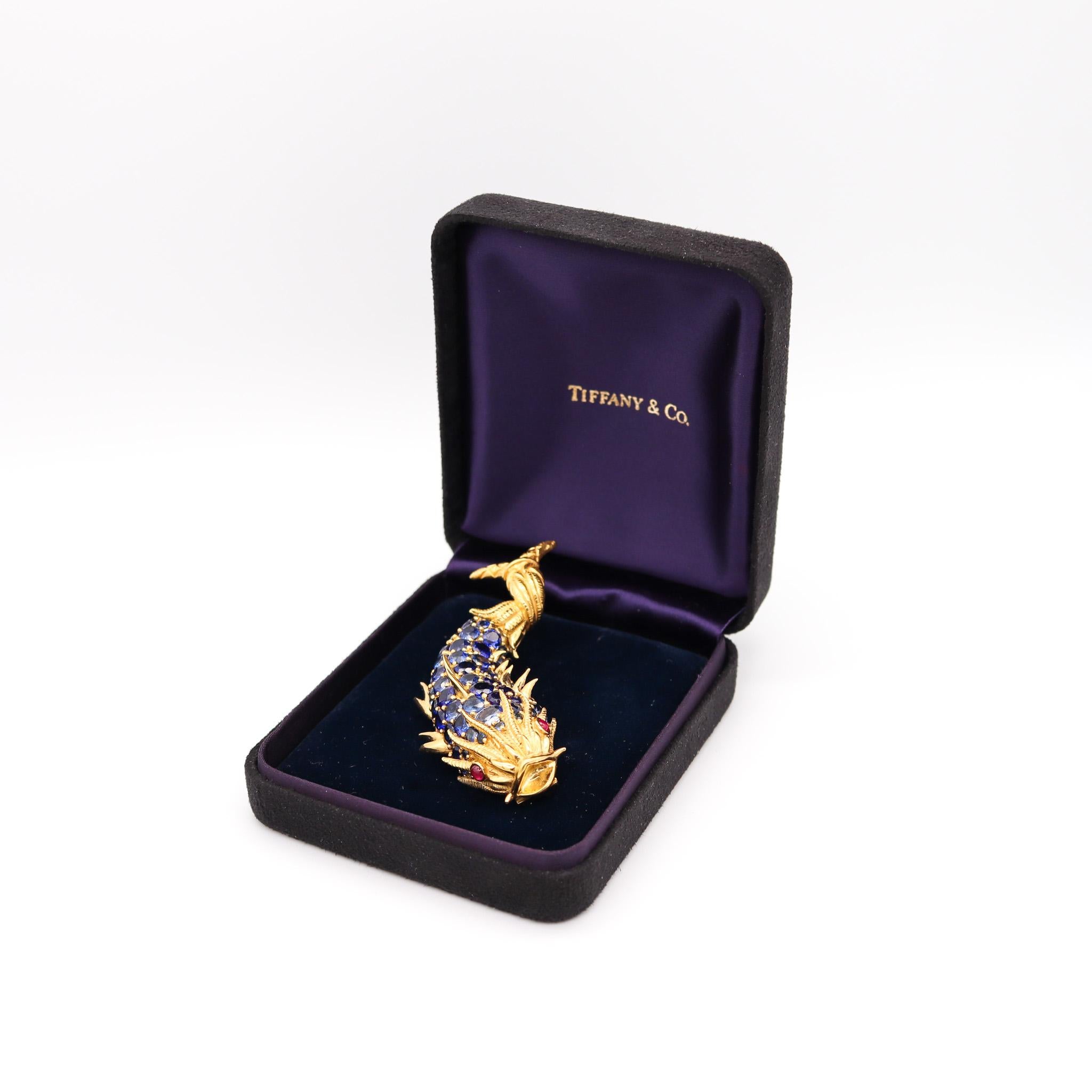 Tiffany & Co 1968 Mythological Fish Brooch in 18kt Gold with 60.05 Ctw Sapphires For Sale 2