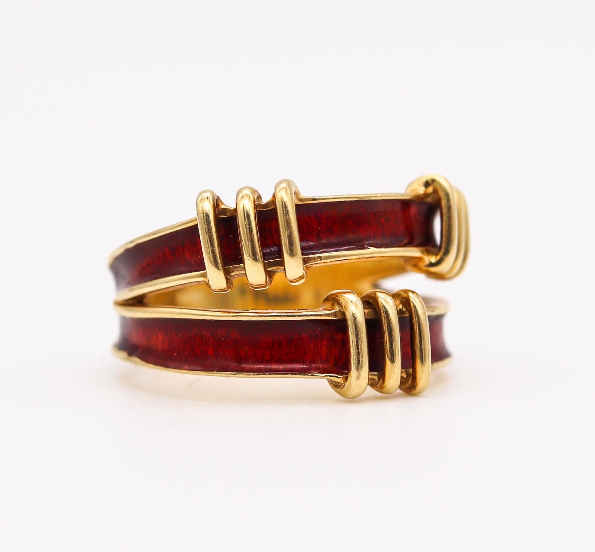 Modernist Tiffany & Co. 1970 By Schlumberger Red Enamel Double Tiered Ring in 18Kt Gold
