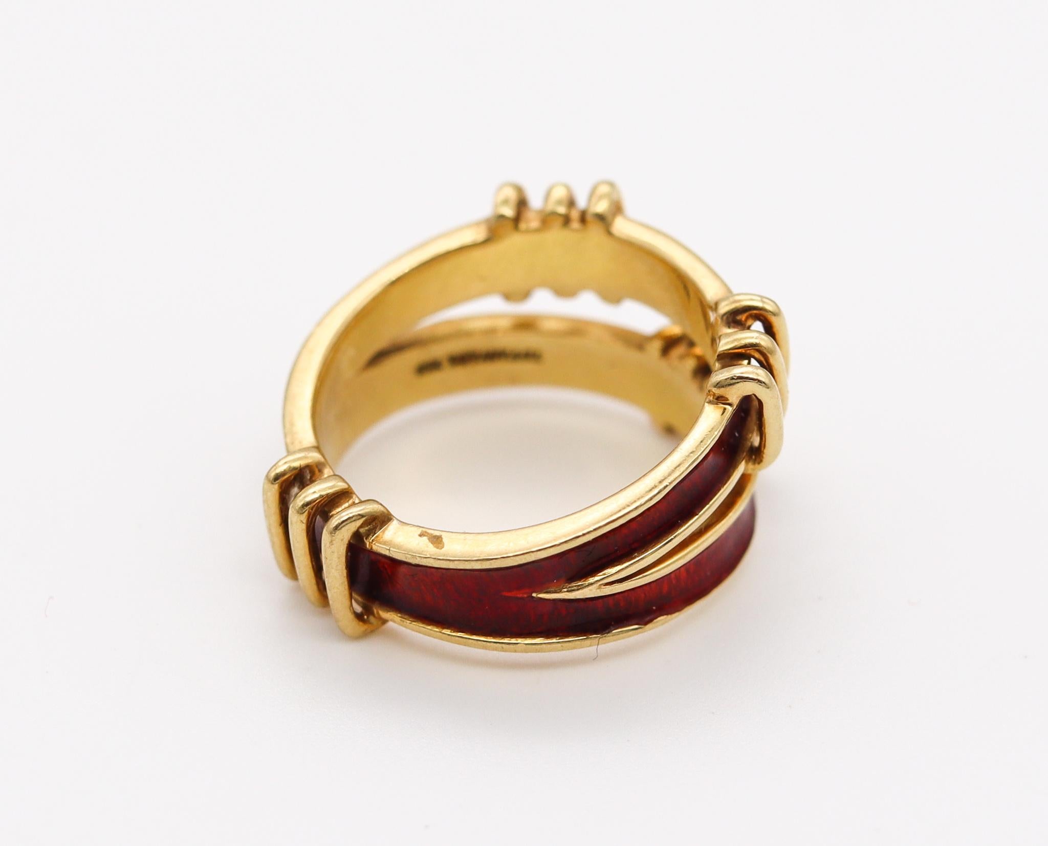 Women's or Men's Tiffany & Co. 1970 By Schlumberger Red Enamel Double Tiered Ring in 18Kt Gold