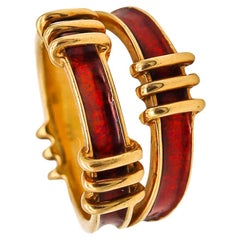 Retro Tiffany & Co. 1970 By Schlumberger Red Enamel Double Tiered Ring in 18Kt Gold