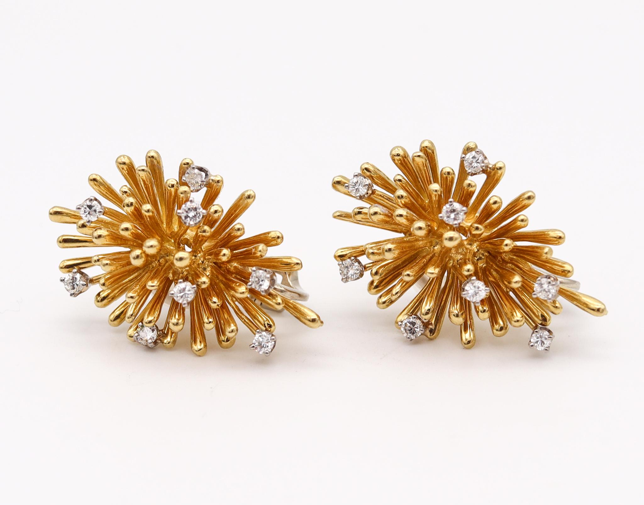 Spikes earrings designed by Tiffany & Co. 

Modernist spikes earrings created in New York city at the Tiffany Studios back in the 1970. These three-dimensional clips-on earrings has been designed with atomic age patterns simulating a stardust