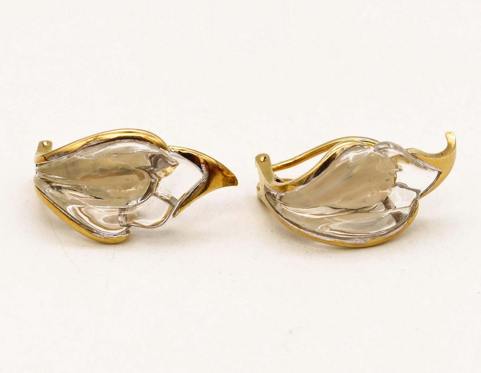 Modernist Tiffany & Co 1970 Elsa Peretti Rock Quartz Lilies Clips on Earrings in 18Kt Gold