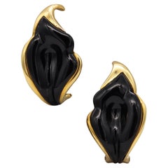 Tiffany Co 1970 Elsa Peretti Very Rare Black Jade Lilies Clip Earrings 18K Gold